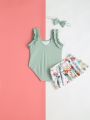 Infant Swimsuit With Lovely Romantic Floral Skirt & Matching Headband Set For Summer