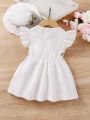 Baby Girl Floral Embroidered Round Neck Dress With Hat