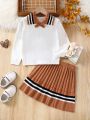 Little Girls' Contrast Color Striped Collar Pullover Sweater & Pleated Skirt Set