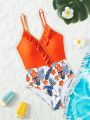 Tween Girls' Random Tropical Print One-Piece Swimsuit With Ruffle Trim