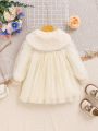 SHEIN Baby Girls' Casual Knitted & Mesh Patchwork Long Sleeve Dress With Shawl, Color Apricot, Short Length