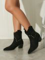Women's Fashionable Short Boots With Chunky Heel, Pointed Toe, Rivet & Embroidery Decor