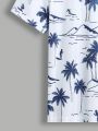 SHEIN Teenage Boys' Casual Vacation Style Coconut Tree & Surfing Printed Short Sleeve Knit T-Shirt With Round Neckline For Beach
