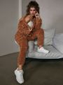 Women's Fashionable Faux Shearling Collar Jacket And Pants Two Piece Set For Autumn And Winter Daily Wear