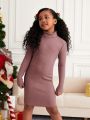 SHEIN Kids Cooltwn Girls' Basic Knitted Slim Fit High Neck Solid Color Casual Dress