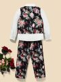 SHEIN Kids EVRYDAY 3pcs/set Toddler Boys' Casual Woven Tie Shirt, Floral Pattern Vest And Pants Suit