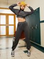 Street Sport Women's Letter Embroidery Cropped Hoodie And Sweatpants Set