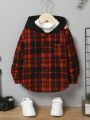 SHEIN Teenage Boys' Casual Loose Hooded Long Sleeve Shirt With English Letter Print Plaid Patchwork And Color Block Design