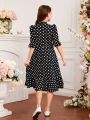 SHEIN Kids CHARMNG Tween Girls' Romantic Polka Dot Print Leg-Of-Mutton Sleeves Stand Collar Dress