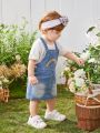 Baby Girls' Sweet And Cute Rainbow Cloud Embroidered Loose And Comfortable Denim Overall Skirt
