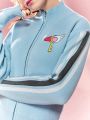 SHEIN X Cardcaptor Sakura Women's Side Striped Key Embroidery Zip Up Cardigan Sweater