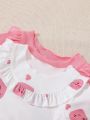 SHEIN 4pcs/Set Baby Girl Casual And Comfortable Heart Printed Ruffle Outfits, Ideal For Valentine's Day, Spring And Summer
