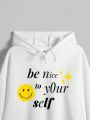 DhanzCk Women's Plus Size Cartoon And Slogan Printed Pullover Hoodie With Drawstring