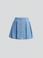 Teen Girl Solid Pleated Detail Denim Skirt