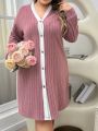 Plus Size Color Block Ribbed Knit Front Button Sleepwear Robe