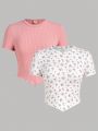 SHEIN Teen Girl 2pcs Pure Color Ribbed & Floral Pattern Irregular Hem Casual T-Shirt Set