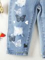 Baby Girl Butterfly Print Ripped Straight Leg Jeans