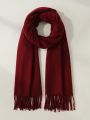 1pc Women's Burgundy Fringed Faux Cashmere Warm Scarf Shawl, Plus Size And Suitable For Daily Wear