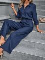 SHEIN Clasi Solid Color Buttoned Roll-sleeve Wide-leg Jumpsuit