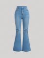 SHEIN Teen Girls' Casual Mid-Waist Skinny Denim Flare Pants With Multiple Pockets