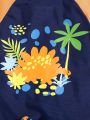 SHEIN Baby Boy Baby Girl Cartoon Dinosaur & Plant Pattern Round Neck Short Sleeve Top + Shorts + Sunhat + Swimwear 4pcs Set