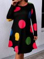 SHEIN LUNE Plus Size Colorful Polka Dot Printed Long Sleeve Dress