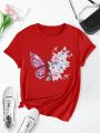 Large Size Butterfly Flower Print Women's T-shirt