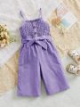 SHEIN Baby Girl Casual And Comfortable Solid Color Overall Jumpsuit With Belted Waist & Strappy Sleeveless Design