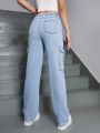 SHEIN Teen Girl Y2K Casual Streetwear Pocket Side Ripped Cargo Jeans
