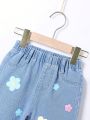 Baby Girls' Cute Dopamine Colored Flower Print Loose Fit Wide Leg Jeans, Light Blue Wash