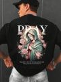 Men'S Prayer Figure Printed Short Sleeve T-Shirt On The Back
