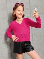 SHEIN Kids Y2Kool Girls' Long Sleeve V-Neck Hollow Out Knitted Sweater