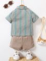 2pcs/Set Baby Boy Casual Bohemian Striped Polo Collar Short Sleeve Top And Solid Shorts Summer Outfits
