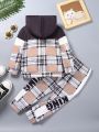 Toddler Boys' Casual Plaid Hooded Sweatshirt With Spliced King Letter Graphic Print And Pants Set, Spring/summer/autumn