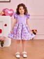 SHEIN Kids FANZEY Little Girls' Square Neck Short Sleeve Dress With Pearl Studs Beaded 3d Flowers