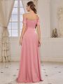 SHEIN Belle Adult Bridesmaid Dress With Spaghetti Straps, Off Shoulder Design, Sparkly Sequin Accents, Front Criss-Cross Pleating And High Side Slits