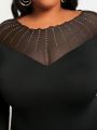 SHEIN Slayr Plus Size Women'S Rhinestone Decorated Mesh Splice Bodysuit