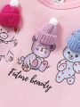 2pcs/Set Baby Girls' Cartoon Letter Print Top With 3d Hat