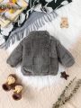 SHEIN Baby Boys' Autumn & Winter Long Sleeve Plaid Fleece Jacket, Trendy Style