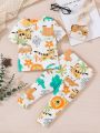 Baby Boys' Cute Cartoon Animal Print Short Sleeve T-Shirt And Long Pants, Comfortable And Tight-Fitting Two-Piece Homewear