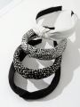 4pcs/pack Ladies' Black & White Leopard Print Fabric Knot Headband, Versatile Style