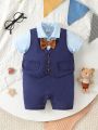 Baby Boy Short Sleeve Shirt & Bowtie Suspender Pants Set, Handsome Cute Stylish Classic Outfit For Party And Elegant Occasion
