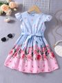 SHEIN Kids SUNSHNE Young Girls Floral Print Small Flying Sleeves Belted Dress