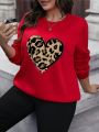 Plus Size Heart & Leopard Patterned Round Neck Sweatshirt