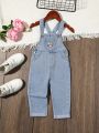 Baby Girls' Jeans Overalls Jumpsuit With Embroidery Detail And Slant Pockets