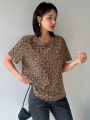 DAZY Leopard Print Loose Fit Short Sleeve Women's T-Shirt With Round Neckline