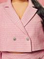 SHEIN BAE Plus Size Women'S Woolen Plaid Blazer With Rhinestone Button Decoration