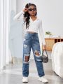 SHEIN Tween Girls' Distressed & Washed Casual Jeans