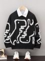SHEIN Kids EVRYDAY Boys' Loose Fit Dinosaur Patterned Sweater With Long Sleeves And Round Neckline, Casual