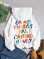 SHEIN Kids Cooltwn Tween Girls' Printed Hoodie Sweatshirt With Slogan
